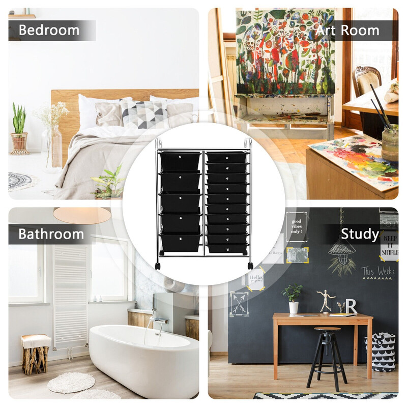 Opbevaringsvogn sort med 15 skuffer hjul jern og PP 63x37x87 cm