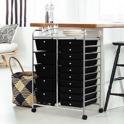 Opbevaringsvogn sort med 15 skuffer hjul jern og PP 63x37x87 cm