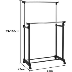 Klædestativ i stål og plast sort justerbar højde 86-168 cm med hjul