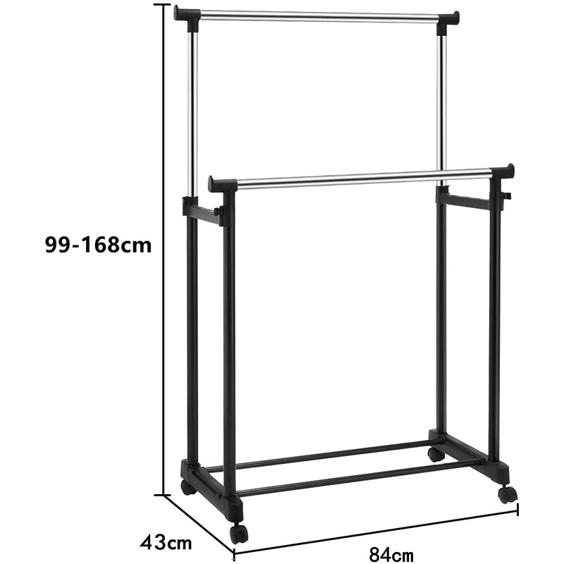Klædestativ i stål og plast sort justerbar højde 86-168 cm med hjul