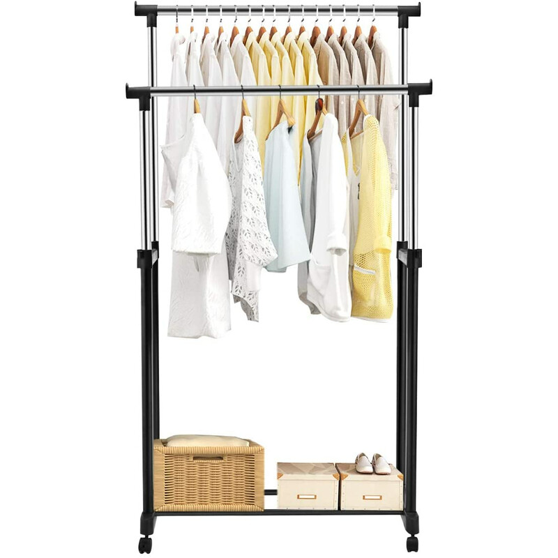 Klædestativ i stål og plast sort justerbar højde 86-168 cm med hjul