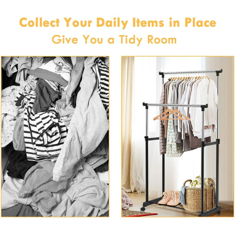 Klædestativ i stål og plast sort justerbar højde 86-168 cm med hjul