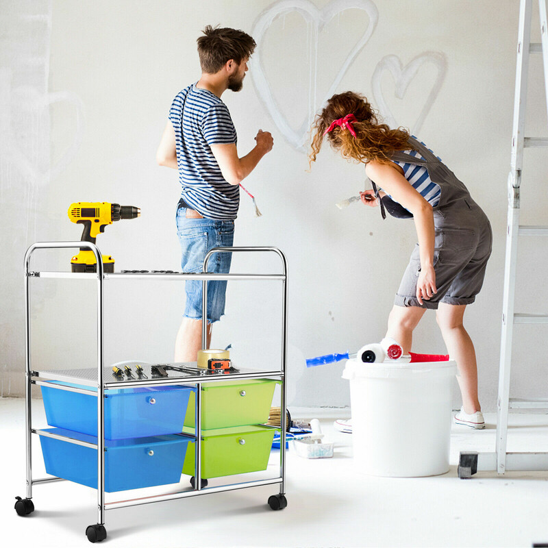 Rullevogn med 4 skuffer i jern og PP 58x37x75 cm blågrøn