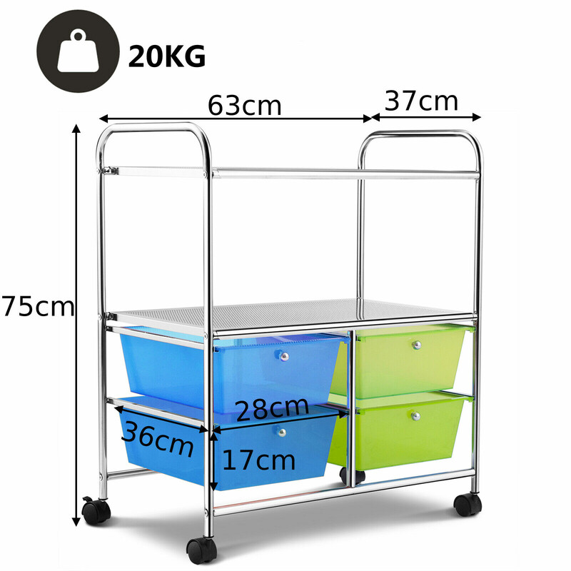 Rullevogn med 4 skuffer i jern og PP 58x37x75 cm blågrøn