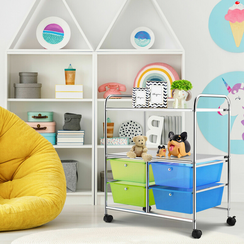 Rullevogn med 4 skuffer i jern og PP 58x37x75 cm blågrøn