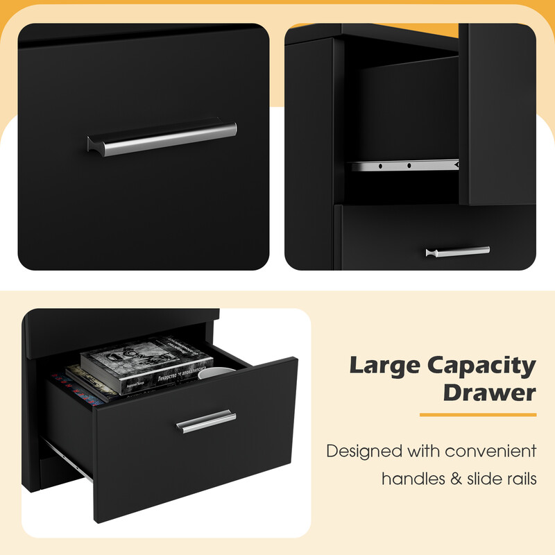 Sengebord sort spånskive 38x67x35 cm med tre skuffer