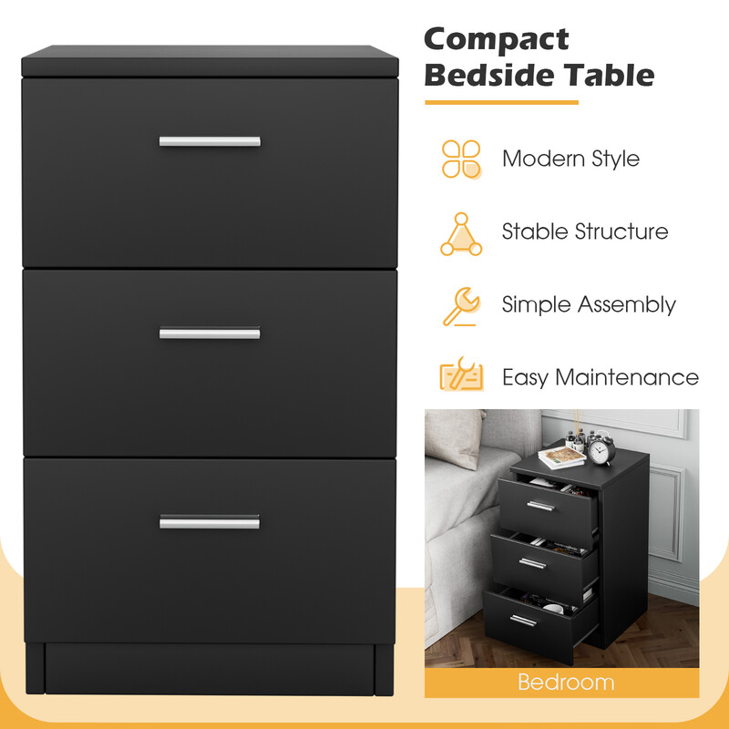 Sengebord sort spånskive 38x67x35 cm med tre skuffer