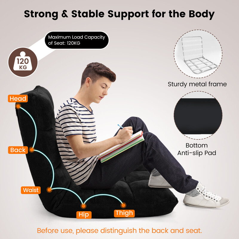 Foldbar gulvstol med justerbart rygstøtte i grå korallvelour og stålram