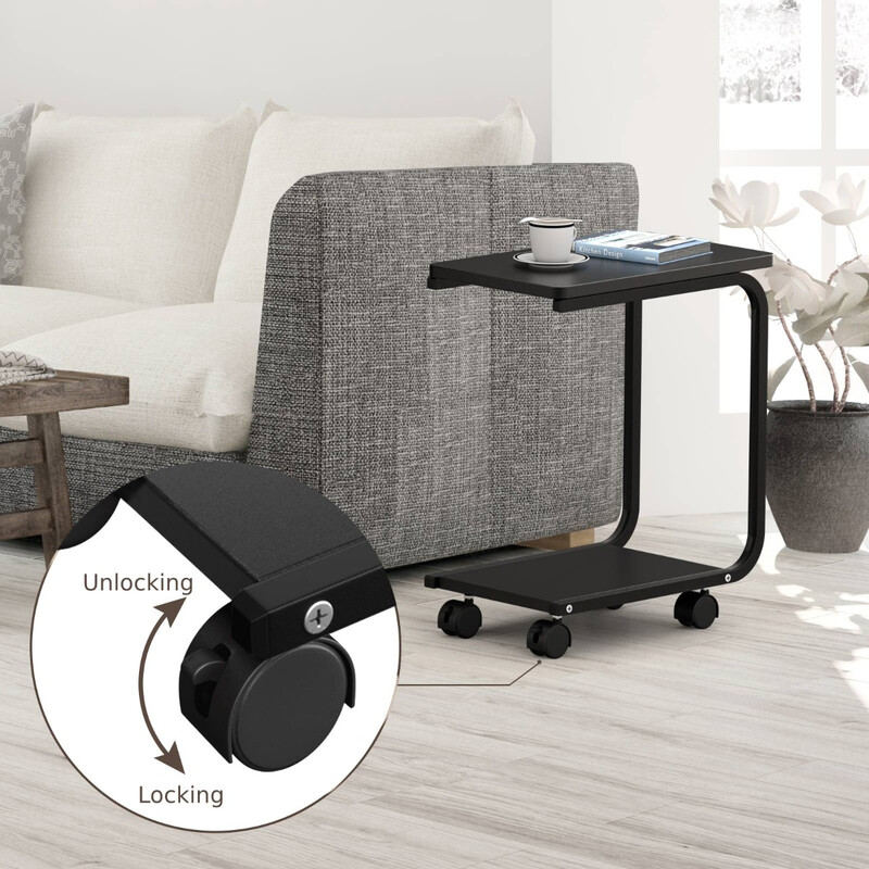 Sort laptopbord med fire hjul ekstra hylde MDF/jern 50x30x59 cm