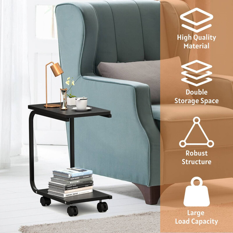 Sort laptopbord med fire hjul ekstra hylde MDF/jern 50x30x59 cm