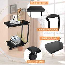 Sort laptopbord med fire hjul ekstra hylde MDF/jern 50x30x59 cm