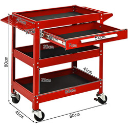 Verktøjsvogn i rød pulverlakeret stål 80x41x79 cm med tre hylder og skuffe