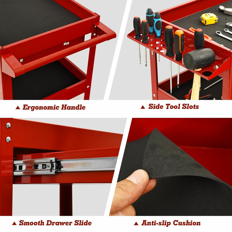 Verktøjsvogn i rød pulverlakeret stål 80x41x79 cm med tre hylder og skuffe