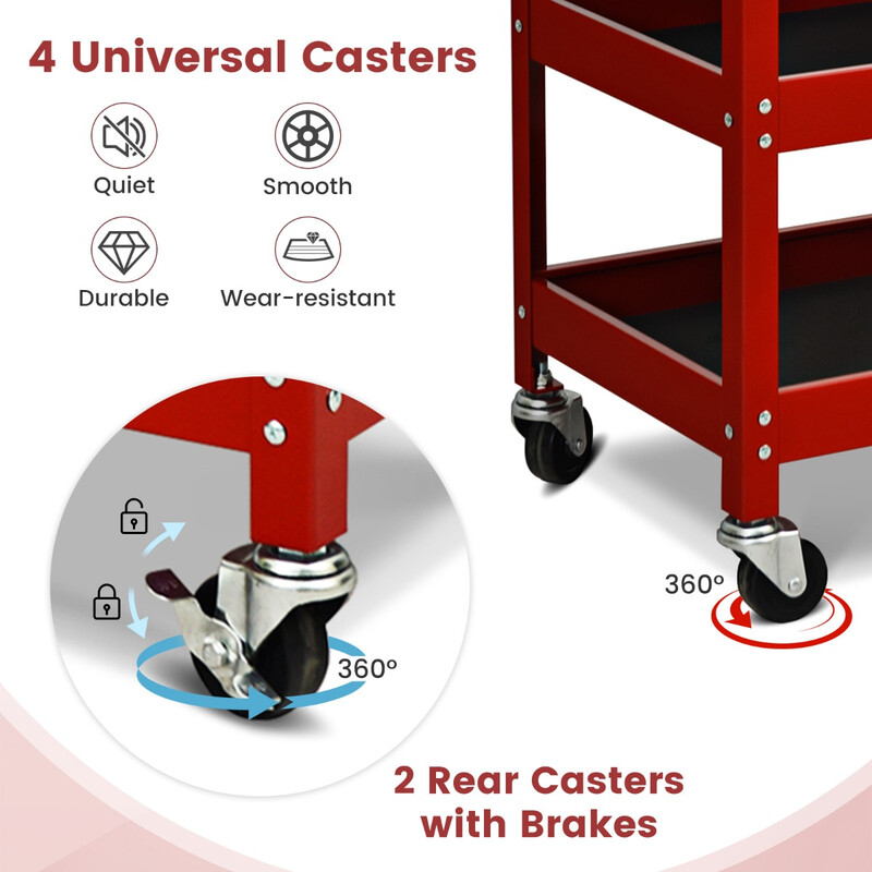 Verktøjsvogn i rød pulverlakeret stål 80x41x79 cm med tre hylder og skuffe