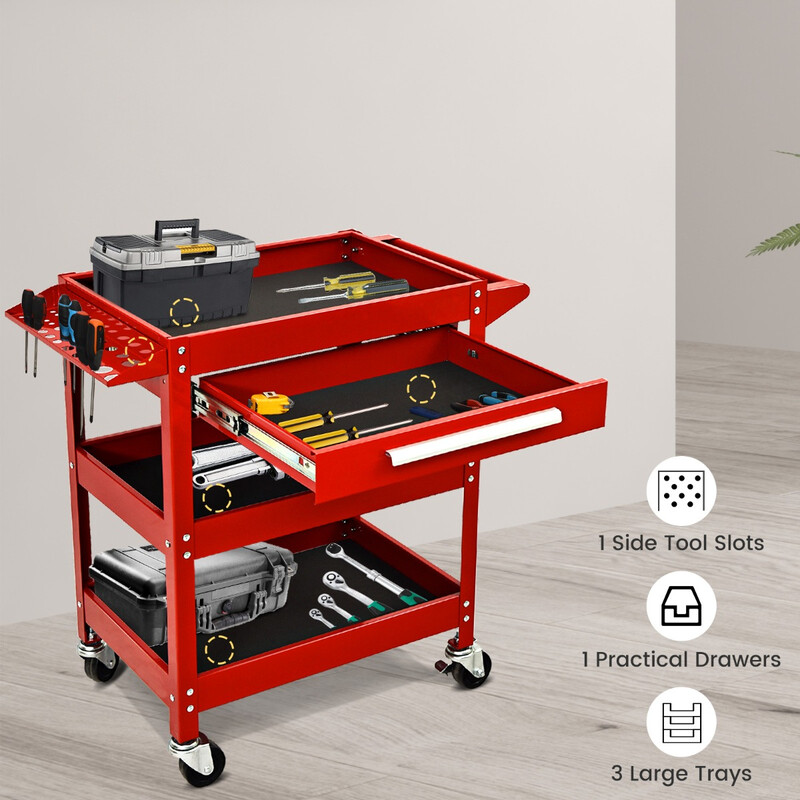Verktøjsvogn i rød pulverlakeret stål 80x41x79 cm med tre hylder og skuffe
