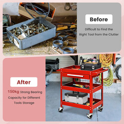 Verktøjsvogn i rød pulverlakeret stål 80x41x79 cm med tre hylder og skuffe