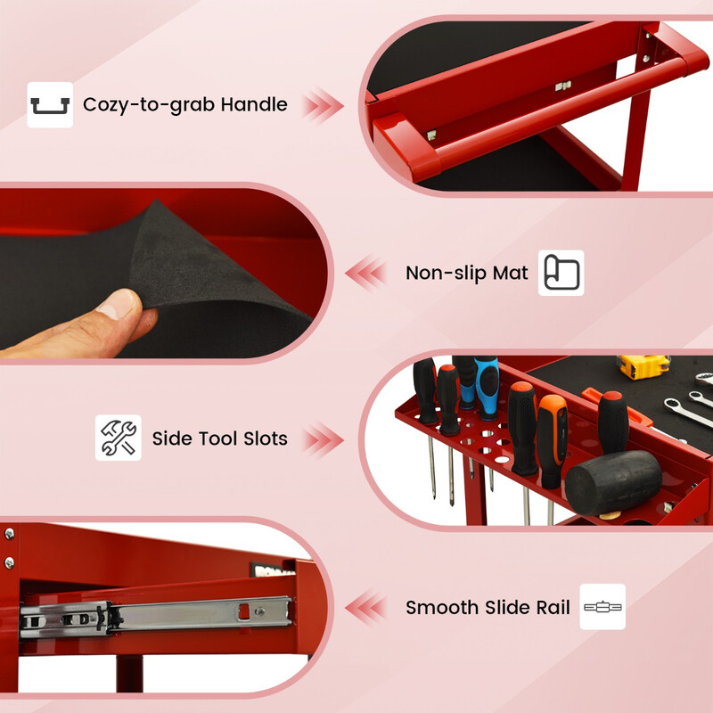 Verktøjsvogn i rød pulverlakeret stål 80x41x79 cm med tre hylder og skuffe
