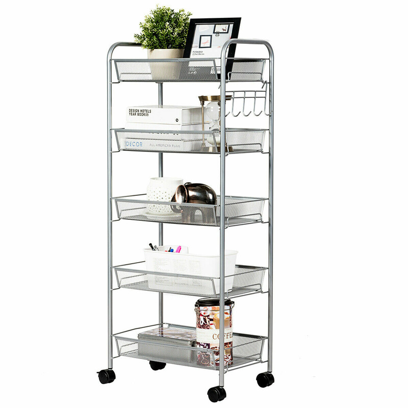 Rullestativ i stål med fem hyldeplader fire hjul grå 43x26x104 cm
