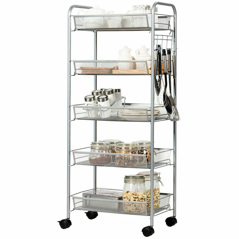 Rullestativ i stål med fem hyldeplader fire hjul grå 43x26x104 cm