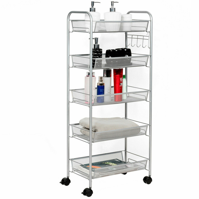 Rullestativ i stål med fem hyldeplader fire hjul grå 43x26x104 cm