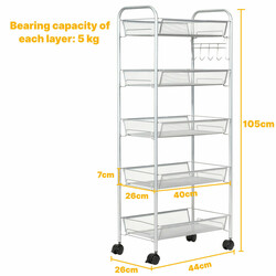Rullestativ i stål med fem hyldeplader fire hjul grå 43x26x104 cm