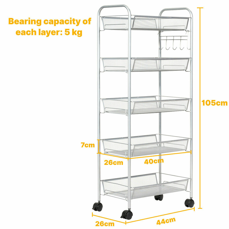 Rullestativ i stål med fem hyldeplader fire hjul grå 43x26x104 cm