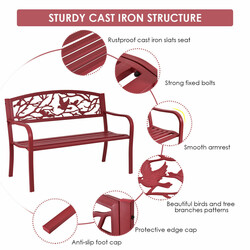 Rød havebænk i støbejern og stål 3-sæde 127x60x88 cm