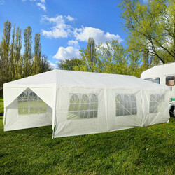 Hvid havepavillon 3 x 9 m med UV-beskyttelse og 6 aftagelige sider