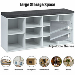 Sko bænk med polstret siddehynde justerbare hylder hvidt træ 104x30x48 cm