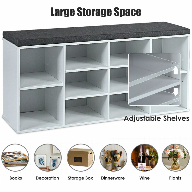 Sko bænk med polstret siddehynde justerbare hylder hvidt træ 104x30x48 cm