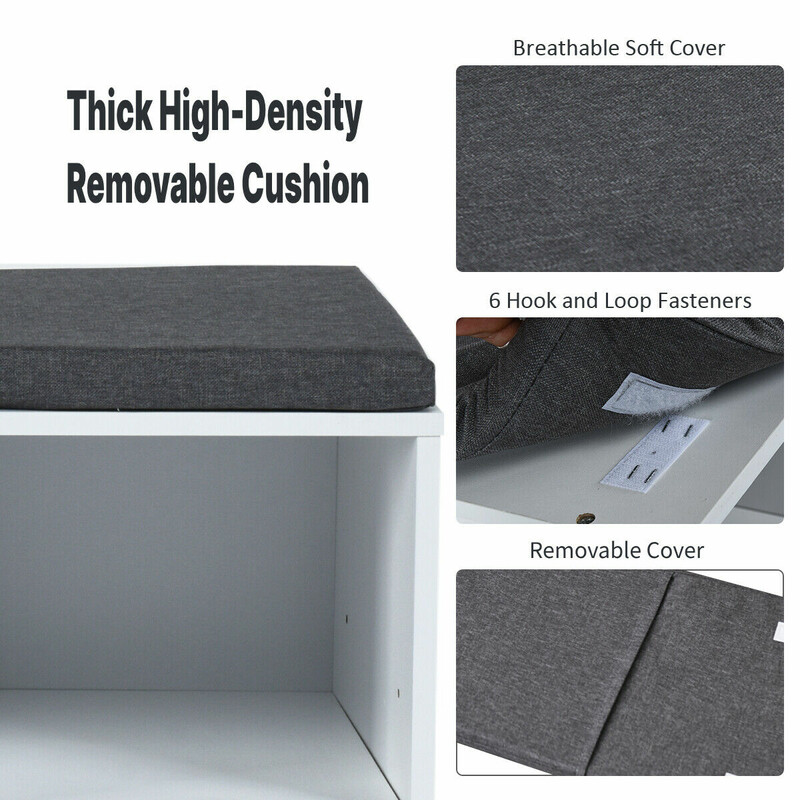 Sko bænk med polstret siddehynde justerbare hylder hvidt træ 104x30x48 cm