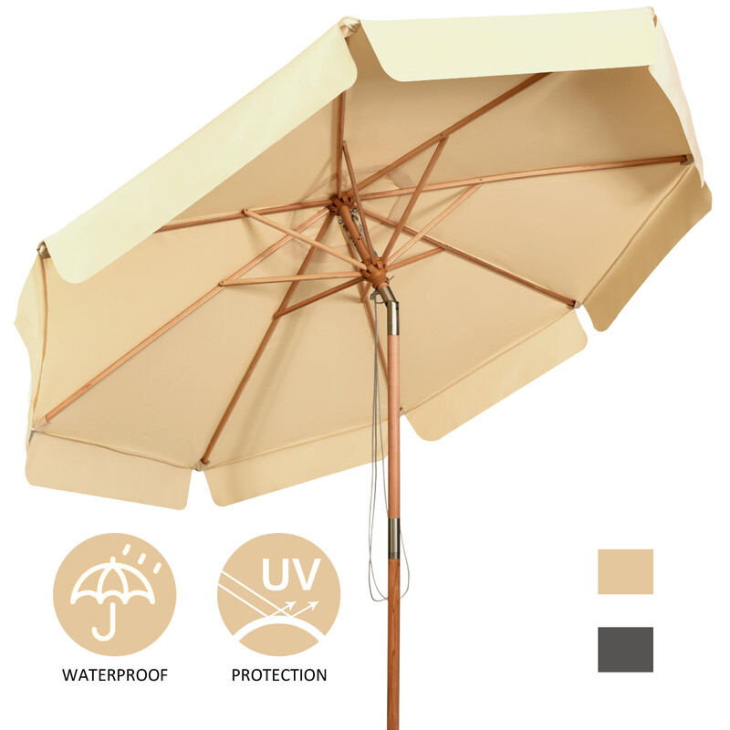 Justerbar parasol beige 300x300 cm med UV‑beskyttelse og boktræstang