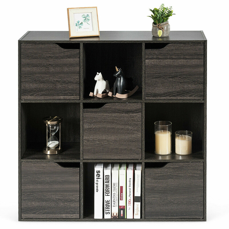 Grå spånplade opbevaringshylde 90x29x90 cm med 9 rum og døre vægmontering