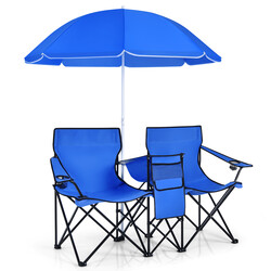 Foldbar dobbelt campingstol med parasol stålramme PVC blå