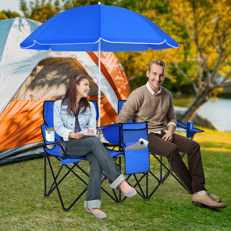 Foldbar dobbelt campingstol med parasol stålramme PVC blå