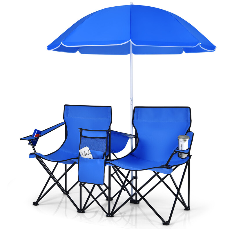 Foldbar dobbelt campingstol med parasol stålramme PVC blå