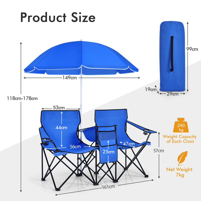 Foldbar dobbelt campingstol med parasol stålramme PVC blå