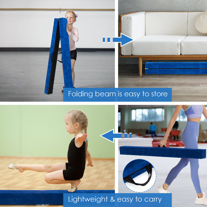 Gymnastikbalk 210 cm blå foldbar med mockelignende overtræk og EPE skum