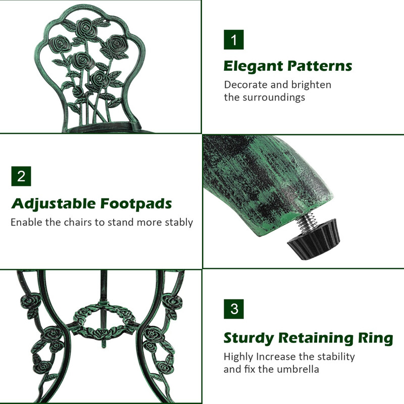 Bistro sæt i støbejern og aluminium 1 bord 2 stole patineret udendørs