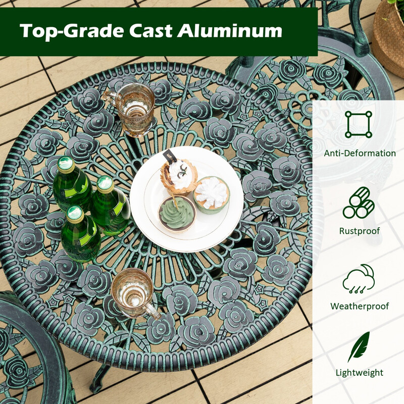 Bistro sæt i støbejern og aluminium 1 bord 2 stole patineret udendørs