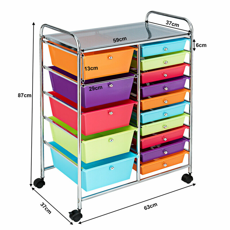 Opbevaringsvogn med 15 skuffer jern og PP sort 63x37x87 cm