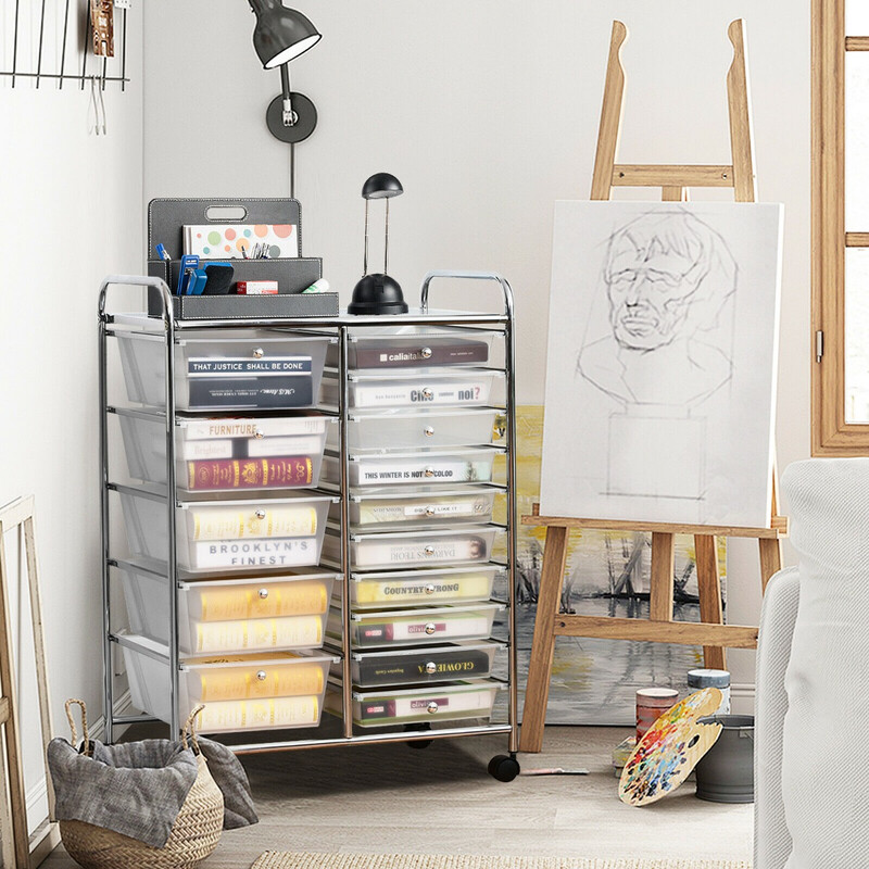 Opbevaringsvogn med 15 skuffer sort jern‑PP 63x37x87 cm