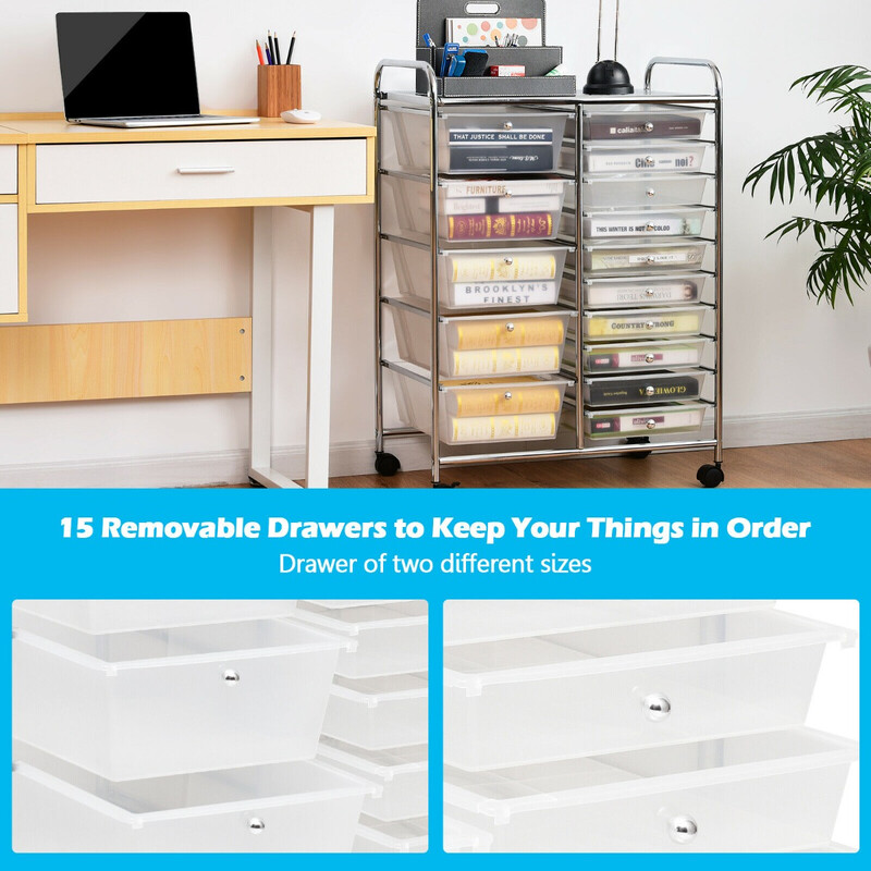 Opbevaringsvogn med 15 skuffer sort jern‑PP 63x37x87 cm