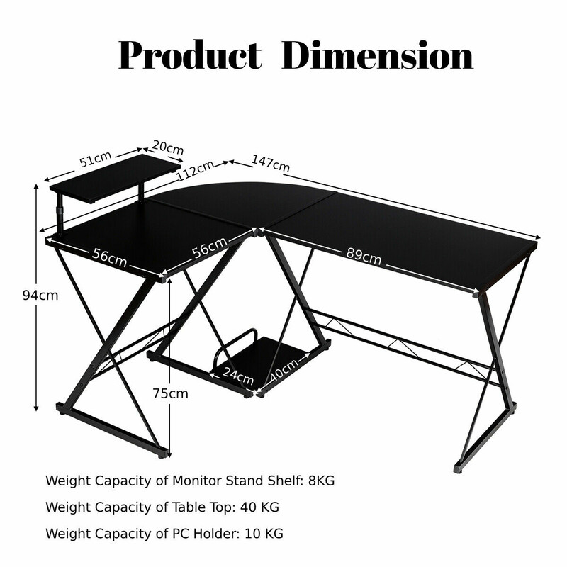 L-formet hjørneskrivebord sort træ og metal 147x112x79 cm til hjem og kontor