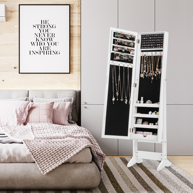Smykkeskab hvid MDF med helkropsspejl justerbar vinkel 35x30x144 cm