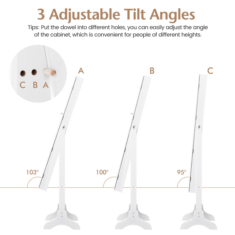 Smykkeskab hvid MDF med helkropsspejl justerbar vinkel 35x30x144 cm