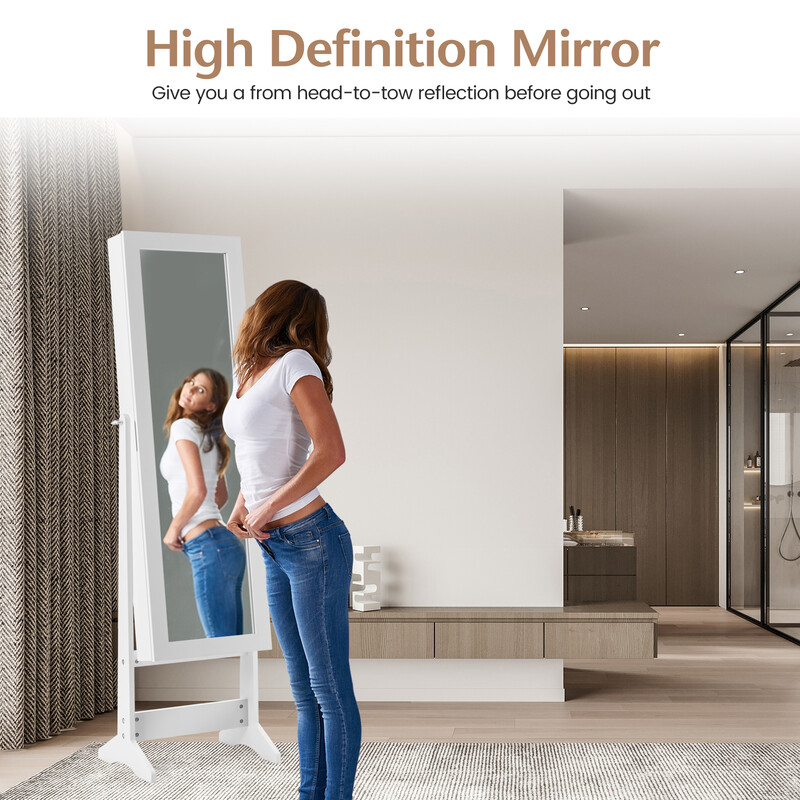Smykkeskab hvid MDF med helkropsspejl justerbar vinkel 35x30x144 cm