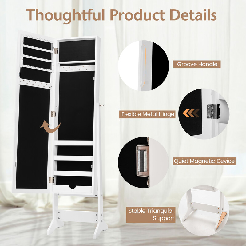 Smykkeskab hvid MDF med helkropsspejl justerbar vinkel 35x30x144 cm