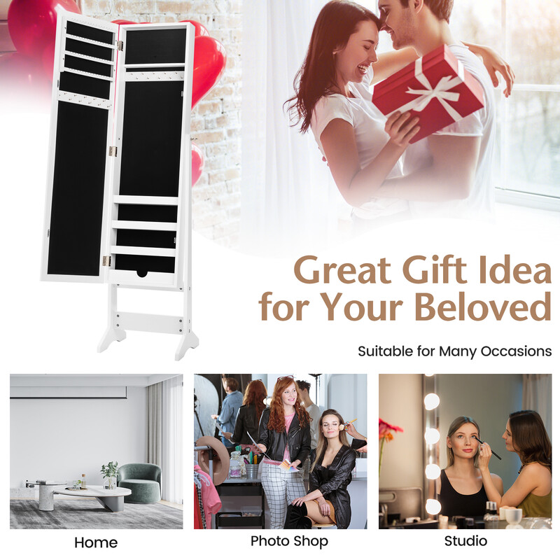 Smykkeskab hvid MDF med helkropsspejl justerbar vinkel 35x30x144 cm