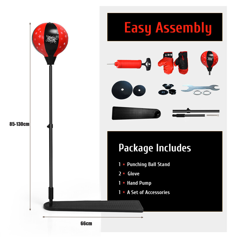 Justerbar boksebold af PU‑læder til børn med stativ og handsker